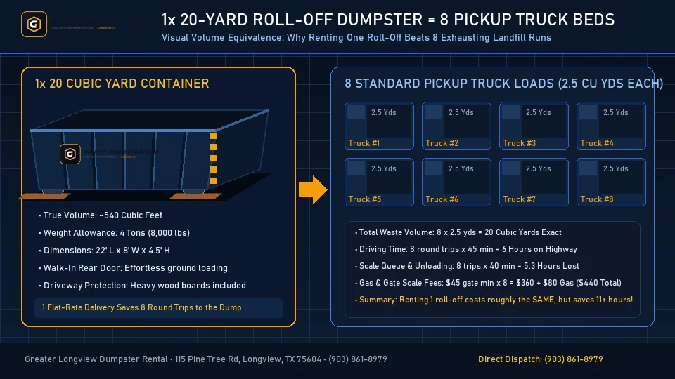 Greater Longview Dumpster 20 yard roll-off container on East Texas construction jobsite holding building debris