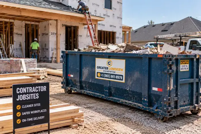 Greater Longview Dumpster roll-off container on contractor construction jobsite in Longview TX