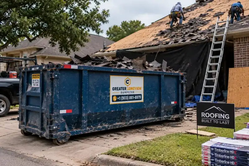 Residential roofing renovation dumpster rental in Longview TX
