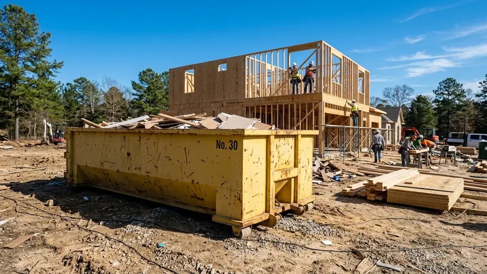 Commercial construction job site with heavy-duty roll-off dumpsters staged for demolition debris in Longview TX