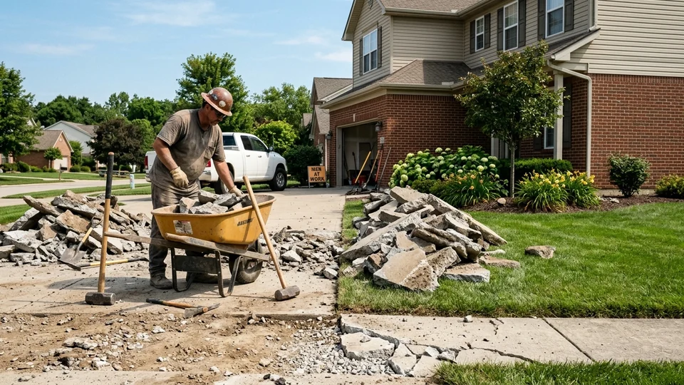 Residential driveway and sidewalk demolition with broken concrete rubble, sledgehammers, and wheelbarrow in an East Texas suburban neighborhood
