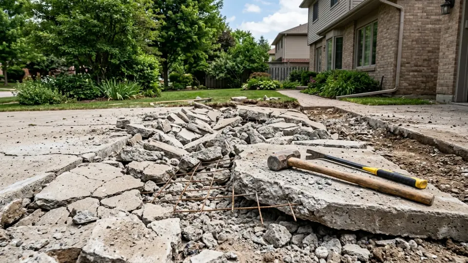 Broken concrete patio slab rubble with wire mesh and sledgehammer during residential demolition in Longview TX