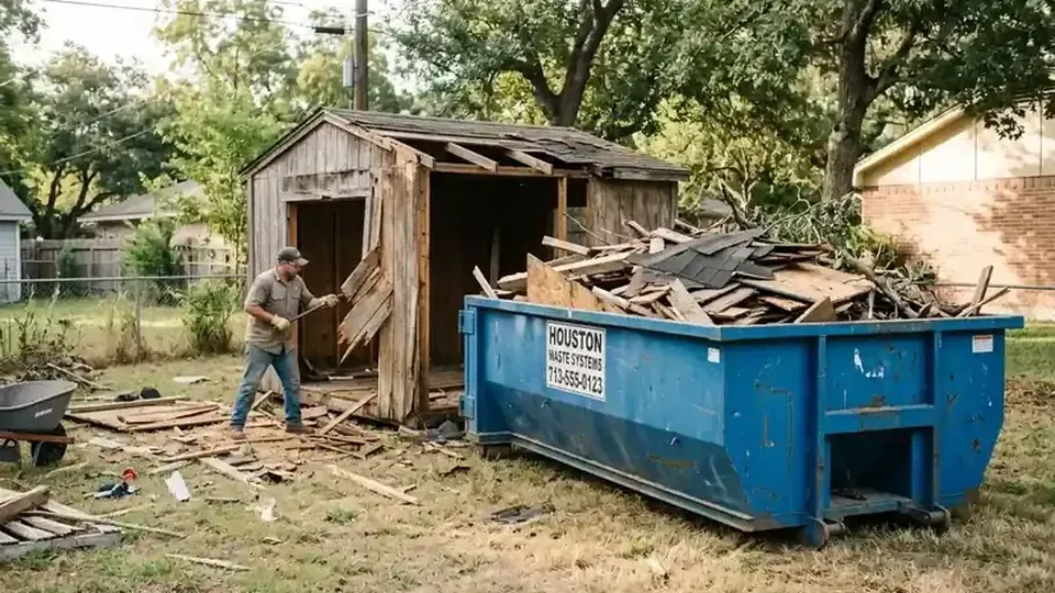 Deck tear-down and demolition lumber staged for roll-off dumpster rental in Longview TX