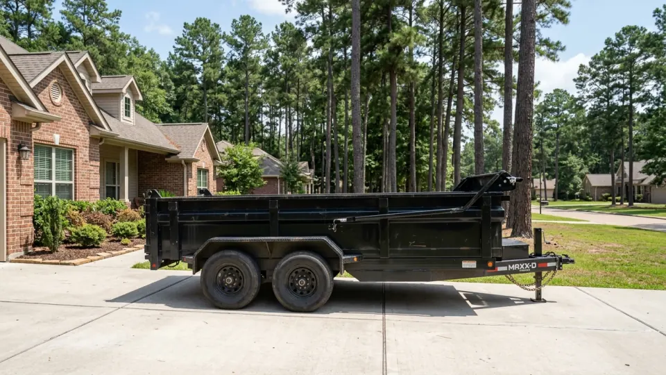 Heavy-duty rubber-tired dump trailer parked cleanly on a residential concrete driveway in Longview TX