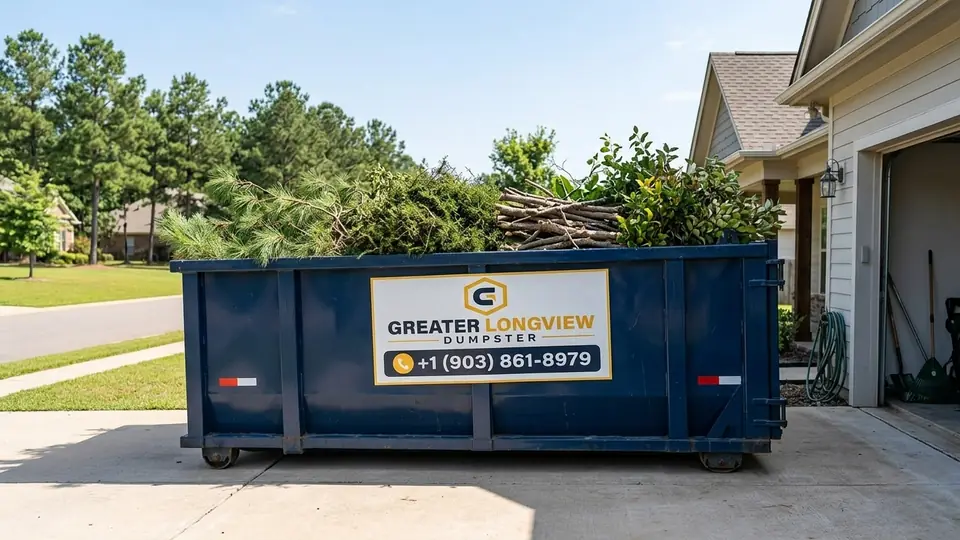 Dumpster rental for yard waste Longview TX - Greater Longview Dumpster roll-off container parked safely on private driveway loaded with pine limbs and brush