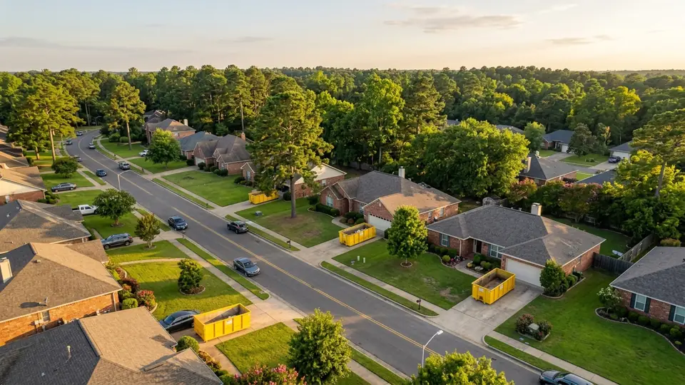 Dumpster rental services Longview TX - roll-off containers in residential East Texas neighborhood
