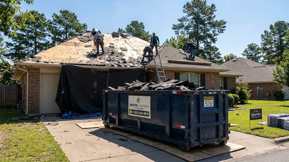 Greater Longview Dumpster navy blue roll-off container on driveway wood boards during asphalt shingle roof tear-off in Longview TX