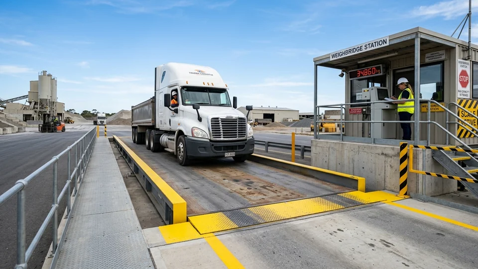 Commercial truck scale weighbridge station with digital weight indicator display screen and operator scale house under open Texas sky