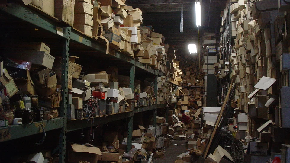 Cluttered storage room with stacked cardboard boxes, organizing shelves, and supplies during a whole-home cleanout