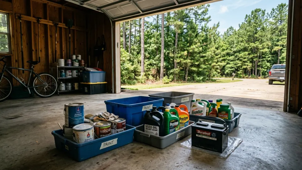 Sorted household hazardous waste including paint cans, used motor oil jugs, and car batteries staged in a Longview TX garage for safe disposal