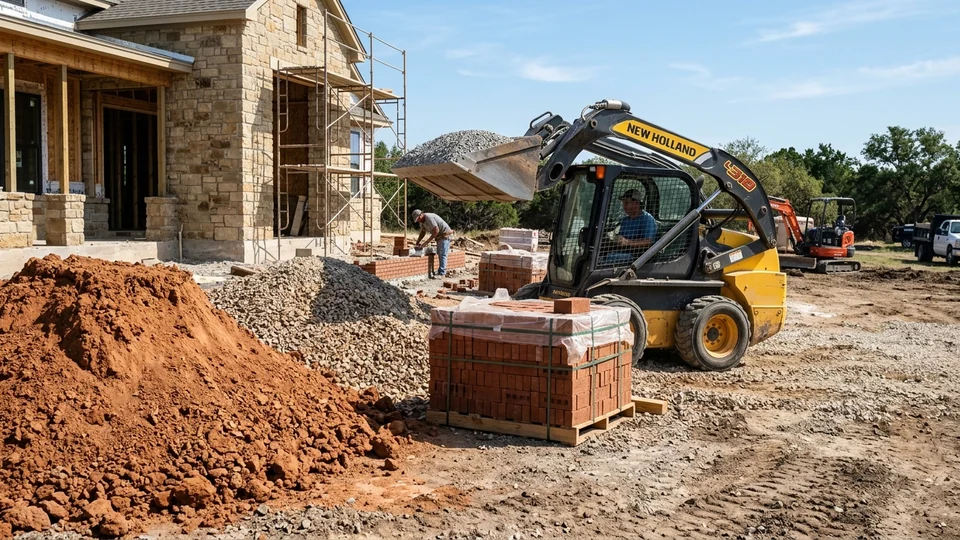 Excavation site with red clay soil mound, stacked bricks, and skid steer loader lifting aggregate materials in East Texas