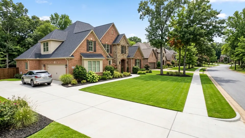 Suburban residential neighborhood street with manicured lawns and clean concrete driveway in Spring Hill Longview TX