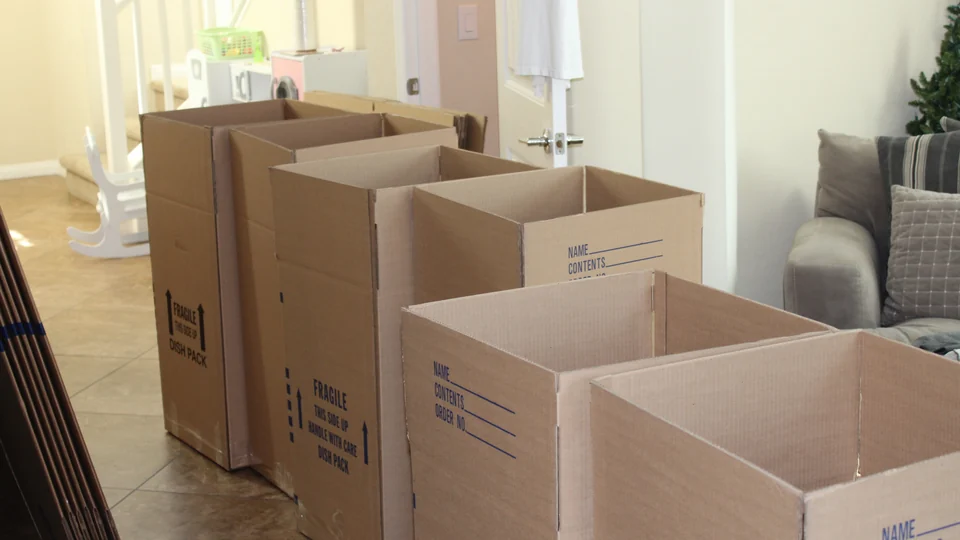 Neat row of labeled corrugated cardboard moving boxes lined up along a residential living room floor during relocation packing