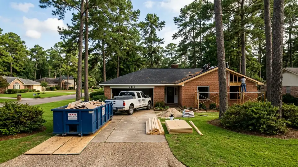 How to plan a home renovation Longview TX - roll-off dumpster staged for residential remodel debris removal