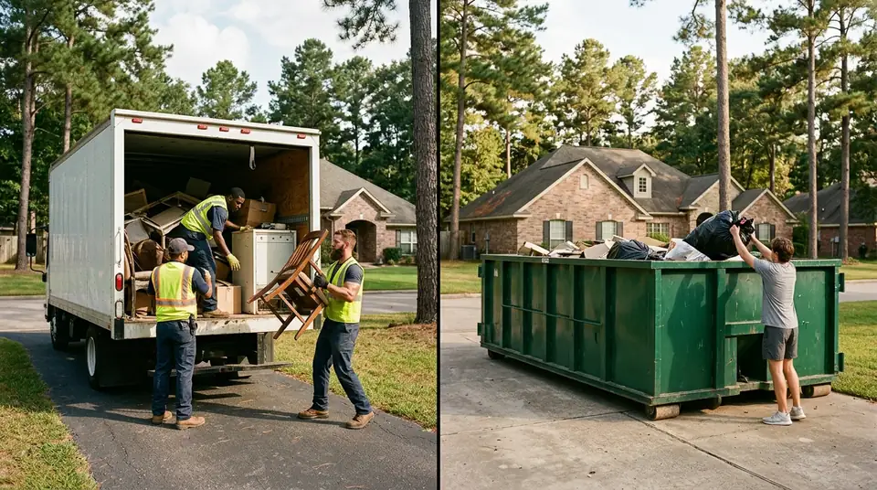 Side-by-side comparison of a junk removal crew loading a truck versus a homeowner filling a roll-off dumpster on a Longview TX driveway