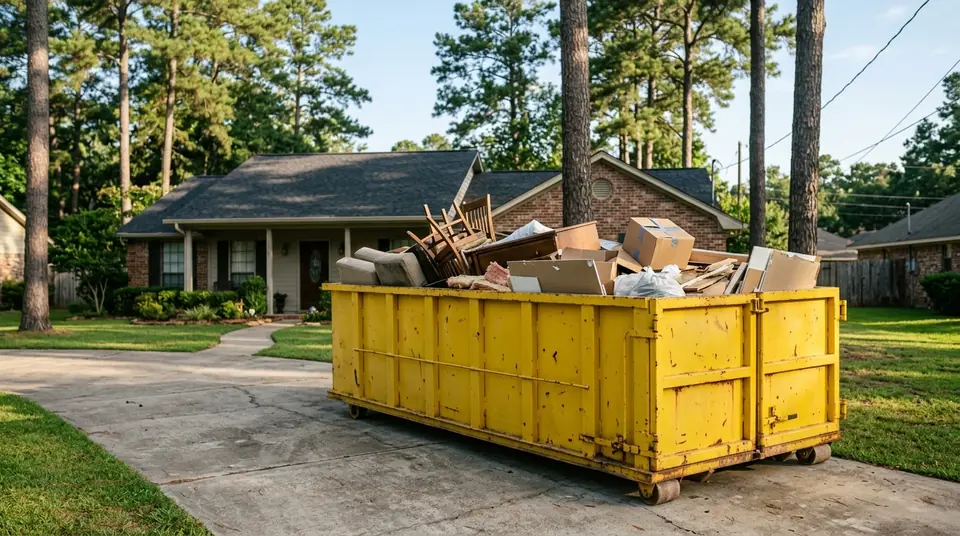 Junk removal vs dumpster rental cost comparison Longview TX - roll-off container on residential driveway