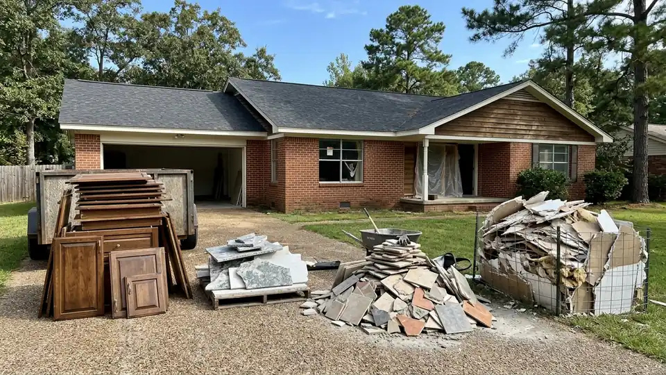 Kitchen remodel debris materials breakdown including cabinets, stone countertops, floor tiles, and drywall