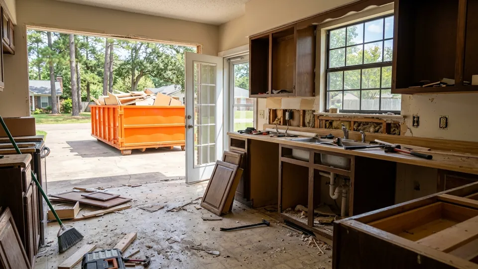 Kitchen remodel waste debris breakdown Longview TX - roll-off dumpster staged for kitchen demolition and cabinet removal