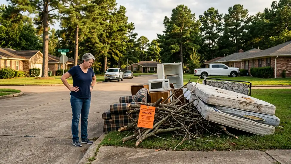 Longview TX bulk trash pickup schedule rules and banned items — curbside pile with furniture and tree branches in East Texas neighborhood
