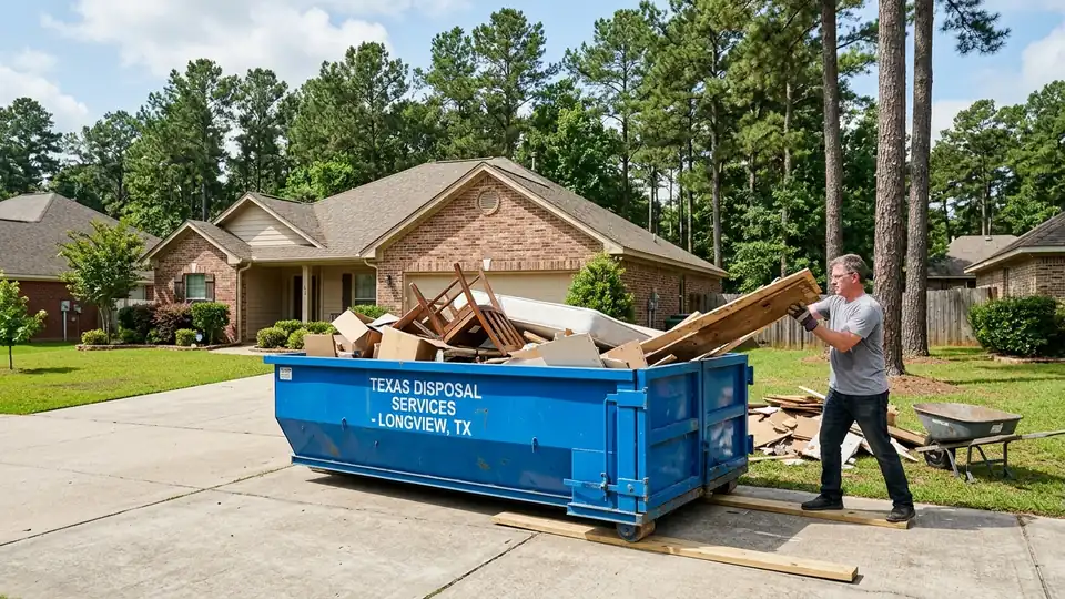 Homeowner loading bulk junk and renovation debris into a roll-off dumpster on a Longview TX driveway — faster alternative to municipal bulk trash pickup