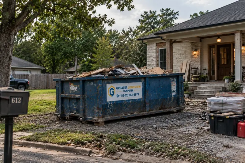 Roll-off dumpster rental on residential driveway in North Longview TX