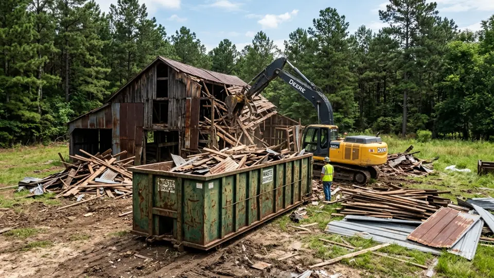 Excavator loading demolished wooden barn and shed lumber into a 30-yard roll-off dumpster in East Texas