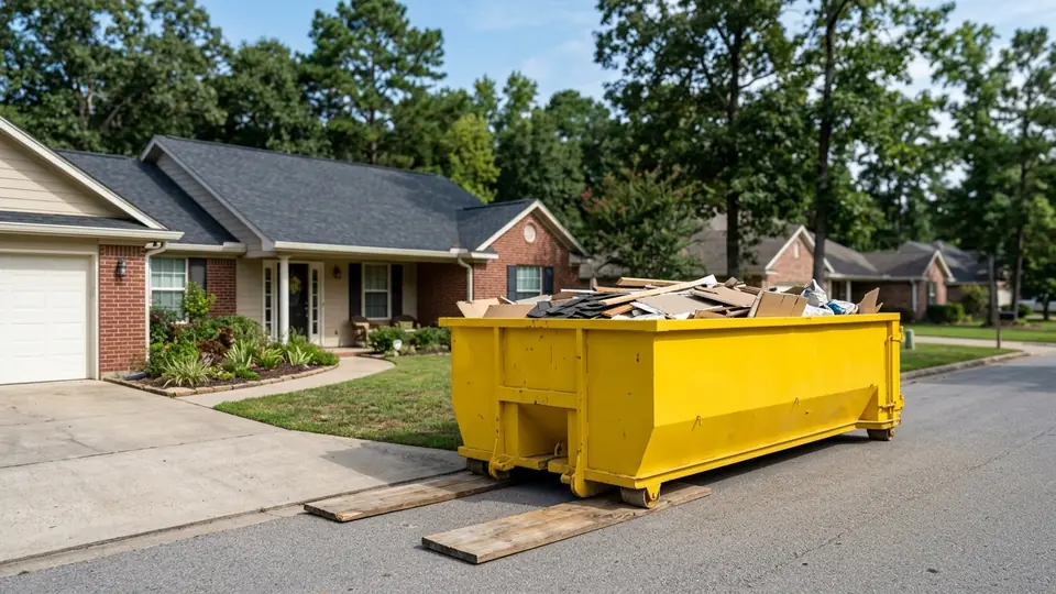 Close-up of a roll-off dumpster rental delivery truck positioning a yellow container on a concrete driveway in a Longview TX neighborhood with wood plank protection visible