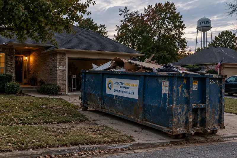 Residential roll-off dumpster placed safely on driveway in Tyler TX