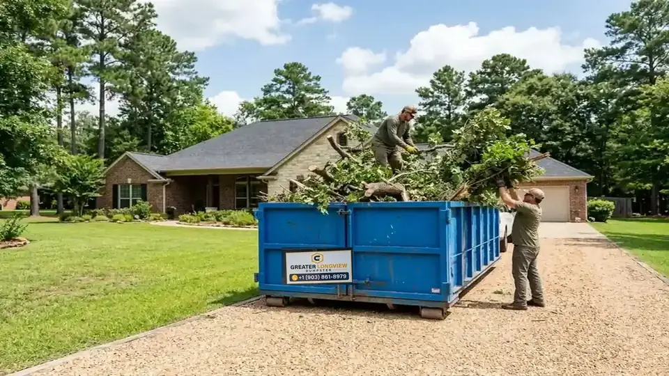 Yard debris and brush disposal roll-off dumpster Longview TX - loading tree limbs and landscaping cleanup on driveway